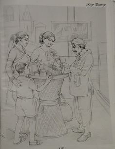 a pencil drawing of three people standing around a table with a basket on top of it