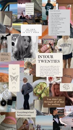 Mood board, inspirational board, that girl, aesthetic, workout, eat healthy, live life, have fun, make yourself your top priority, drink water, travel, work In Your Twenties Wallpaper, Mood Board About Yourself, In Your Twenties Vision Board, Mood Board Inspiration 2023, Inspo Boards Aesthetic, Inspo Board Wallpaper, 2023 Vision Board Background, Motivational Mood Board Wallpaper, 2023 Mood Board Ideas