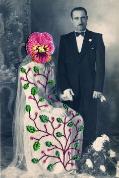 an old photo of a man and woman dressed in wedding attire with flowers on the back