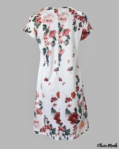 Olivia Mark - Floral Print Scallop Trim V-Neck Relaxed Dress Spring Floral Print V-neck Dress With Split Neck, Spring Daywear V-neck Split Neck Dress, Spring V-neck Shift Dress With Notched Neckline, Spring Daywear Dress With Notched Neckline, White Dress With Notched Neckline For Spring, White V-neck Dress For Spring, White Floral Print V-neck Casual Dress, Spring Split Neck Dress For Work, Relaxed Dress