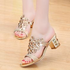 Women's Summer High Heel Sandals With Rhinestone - Zorket Summer High Heels Sandals, Hak Tinggi, Ladies Slides, Summer High Heels, Crystal Shoes, Rhinestone Sandals, Women Slippers, Heel Slippers, Slipper Sandals