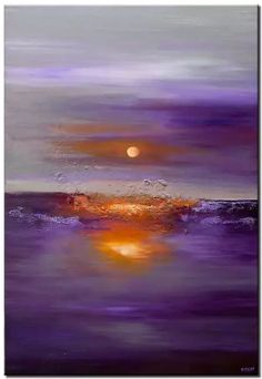 an abstract painting of the sun setting over water with purple and orange colors on it