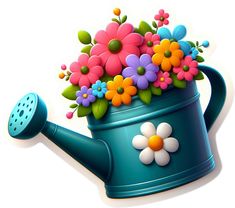 a blue watering can filled with colorful flowers