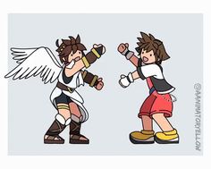 an image of two cartoon characters with wings on their heads and one holding a bottle