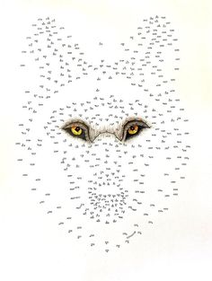 a drawing of an animal's face with words written all over it and two yellow eyes