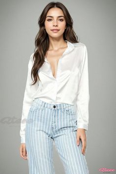 Qteee - Long-Sleeved Fashion Chiffon Shirt with Mock Silk Collar Spring Collared Blouse For Night Out, White Button-up Top For Night Out, Feminine Button-up Blouse For Night Out, Long Sleeve Chiffon Shirt, Silk Long Sleeve Blouse, Silk Texture, Chiffon Fashion, Silky Blouse, Sleeve Fashion