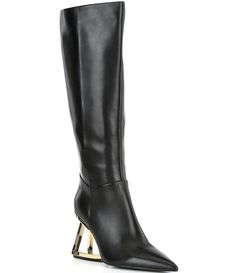 From Gianni Bini&#x2C; the Haizley Leather Architectural Wedge Tall Boots feature:Leather upperPointed toe constructionFull inside zipper closureFabric lining4MM padded memory foam sockSynthetic outsoleMetal architectural wedge heel detailingApprox. 16.4" shaft heightApprox. 14.8" standard shaft circumferenceApprox. 14" narrow calf shaft circumferenceApprox. 16.2" wide calf shaft circumferenceApprox. 3.5" heel height Distressed T Shirt Dress, Wedge Heel Boots, Birthday Board, Wide Calf, Gianni Bini, Dillard's, Tall Boots, Boot Shoes Women, Wedge Heels