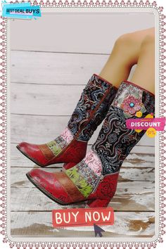 Vintage Ethnic Patchwork Floral Chunky Heel Boots Bohemian Floral Print Round Toe Boots, Multicolor Embroidered Boots, Women Multi Color Snakeskin Boots, Multicolor Embroidered Leather Boots, Chunky Heel Boots, Zipper Heels, Chunky Heels Boots, Bohemian Long-sleeved Floral Patchwork Outerwear, Floral Color