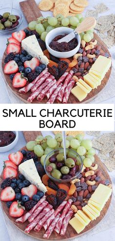 small charcuterie board on a round wooden board with a selection of cured meat, cheese, fruit and nuts. Girls Night Snacks, Apple Pie Baked Oatmeal, Girls Night In Food, Cheese Platter Presentation, Small Charcuterie, Charcuterie Gifts, Grazing Board, Charcuterie Inspiration