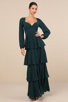 Flawless Excellence Emerald Tiered Long Sleeve Maxi Dress Long Sleeve Wedding Guest Dresses, Knot Tie Dress, Black Tie Wedding Guests, A Line Maxi Dress, Fall Wedding Guest Dress, Modest Bridesmaid Dresses, Bridal Party Dresses, Fall Wedding Dresses, Long Sleeve Wedding