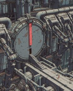 an industrial scene with pipes and large round object in the center that looks like a giant clock