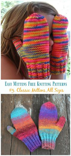 three different knitted mittens with text that says easy mittens knitting patterns