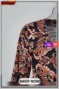 Baroque Print Long Sleeve Dip Hem Blouse P7630765782 Orange V-neck Blouse For Party, Long Sleeve Tops With Abstract Print For Beach, Elegant Long Sleeve Tops With Baroque Print, Orange Printed V-neck Blouse, Spring Baroque Print Long Sleeve Tops, V-neck Blouse With Abstract Print, Elegant Long Sleeve Blouse With Baroque Print, Elegant Baroque Print Tops For Spring, Elegant Multicolor Beach Blouse