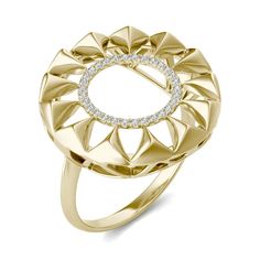 With lab grown diamonds in the center, you'll easily capture the brilliance of the sun with this vibrant 14k yellow gold ring. Beautifully crafted with bold, raised, triangles - the circular pattern encourages light to bounce around the soft gold angles. A bright addition to your fine jewelry collection, this ring will surely energize your mood while it simultaneously elevates your style. Titanium Rings For Men, Circular Pattern, Diamond Shop, Fine Jewelry Collection, Shop Engagement Rings, Yellow Gold Ring, Men's Rings, Wedding Rings For Women, Solitaire Engagement Ring