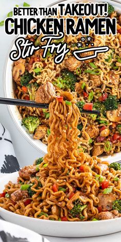 a bowl filled with chicken ramen and broccoli being lifted by chopsticks