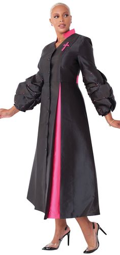 TALLY TAYLOR COLLECTION Style: 4730 Color: Black/Fuchsia Uniquely Designed Two Tone Fully Lined Church Robe Button front church robe with pleats, puff sleeves and jewel cross. Pearl Trimmed Ruffled Sleeves with Insets Length: 52 1/2” Our Church Robe Collection has a true custom look without the big price tag Use Coupon Code SAVE10 at checkout (YOU'LL GET A 10% DISCOUNT) Clergy Women, Women Robes, Church Dress, Church Suits, Church Dresses, Church Outfits, Ruffled Sleeves, Black And White Colour, Fall Dresses