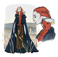 a drawing of a woman with red hair wearing a long black coat and braids