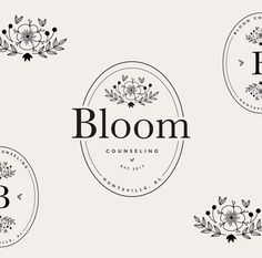 the bloom logo is shown in black and white, with floral designs on each side