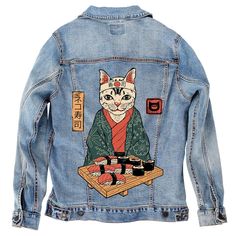 Denim INK Neko Sushi Bar by Vincent Trinidad Denim Jacket Art On Denim, Painted Clothes Diy, Fashion Edgy, Mens Fashion Edgy, Clothes Diy, Sushi Bar, Painted Clothes, Custom Jacket, Jeans Diy