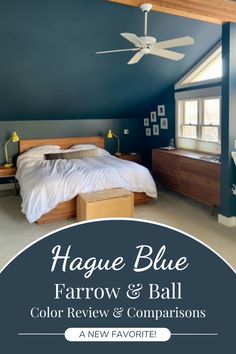 a bedroom with blue walls and ceiling fan in the corner, is featured by haque blue farrow and ball color review & comparison