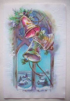 a christmas card with two bells hanging from it's side