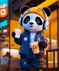 a panda bear wearing headphones and holding a drink in its hand while standing on the sidewalk