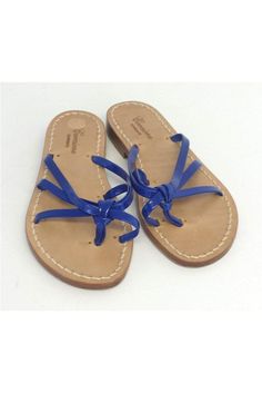 Size 6 EU 36 Blue Strappy Flat Sandals Made in Italy Leather sole Light wear on outer sole Outsole length 9.5" Blue Flat Heel Flip Flops For Beach, Blue Slip-on Sandals For Beach, Blue Leather Casual Flip Flops, Casual Blue Closed Toe Flip Flops, Casual Blue Leather Flip Flops, Blue Leather Sandals For Vacation, Blue Leather Vacation Sandals, Blue Flat Sandals With Cushioned Footbed, Blue Sandals With Removable Insole For Vacation