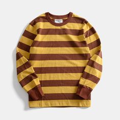 Heavyweight 280g Cotton Horizontal Stripe Casual T-shirt Yellow-S Brown T-shirt For Fall Streetwear, Winter Cotton Crew T-shirt, Retro Cotton Crew Neck T-shirt, Winter Cotton T-shirt With Crew Neck, Winter Cotton Crew Neck T-shirt, Striped Short Sleeve Fall T-shirt, Retro Brown Crew Neck T-shirt, Striped Short Sleeve T-shirt For Fall, Yellow Cotton T-shirt For Fall