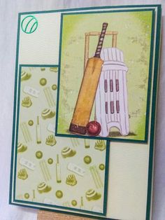 a close up of a greeting card with a bat and ball on the back side