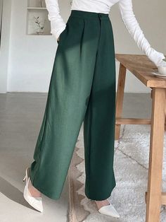 Verde Oscuro  Collar  Tela tricotada Liso Pierna recta Embellished No-Elástico Dark Green Trousers Outfit, Dark Green Pants Outfit, Green Trousers Outfit, Dark Green Style, Color Wide Leg Pants, Women Suit Pants, Pant Outfits For Women, Green Pants Outfit, Dark Green Pants