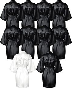 six robes with the word bride written on them, all in black and white