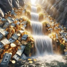 a waterfall made out of stacks of money and gold coins floating down it's side