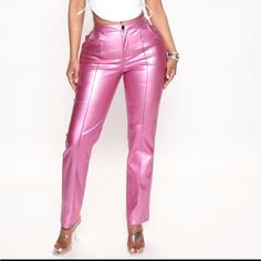 100% Brand New With Tags Mid Rise Button Zipper Closure Pocket Straight Leg Faux Leather Stretch Lining 100% Outer: 55% Polyurethane 43% Polyester 2% Spandex Trendy High Waist Pants With Button Zip Fly, Trendy High-waist Pants With Button Zip Fly, Fitted Bottoms With Button Zip Fly For Night Out, Chic Pink Leather Pants For Party, Trendy Fitted Leather Pants With Button Closure, Chic Pink Leather Pants, Chic Pink Leather Pants For Spring, Trendy Pants With Button Closure, Trendy Tapered Leg Pants For Party