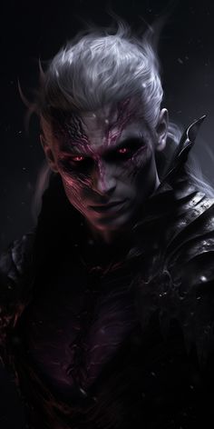 a man with white hair and blood on his face, standing in front of a dark background