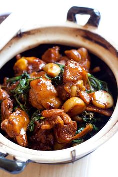 a close up of food in a pot on a table