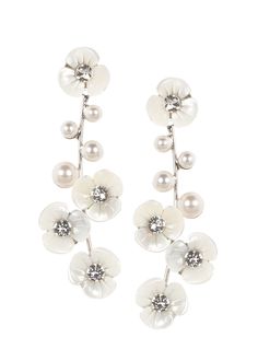 Lovely luster abounds in our Loretta Drop earring. Made from an assembly of crystals, pearls and carved mother of pearl flowers, this floral drop earring is light and lovely. Just the right size and length to team alongside our 'Loretta Comb', the perfect duo to compliment your wedding look. Available in either a Rhodium or Gold plate finish 0.78"/20mm wide x 2.44"/62mm long Available in either a Post or Clip back finish. Shipped in gift packaging with care instructions. Flower-shaped Bridal Earrings With Pearl Drop, Elegant Flower-shaped Earrings With Pearl Drop, Elegant Flower-shaped Pearl Drop Earrings, Formal Flower-shaped Bridal Earrings With Pearl Drop, Luxury Flower-shaped Pearl Drop Earrings, Double Stud, Droplet Earrings, Pressed Metal, Metal Flowers