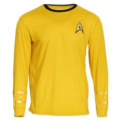 a yellow shirt with black trims and a star trek insignia on the chest,