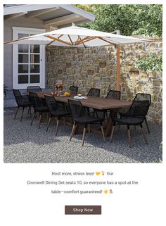 an outdoor dining table and umbrella with the text heat more areas less our crown dining seats 10 to so everyone has at the table - comfort