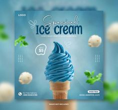 an ice cream advertisement is displayed on a blue background