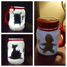 three images show the inside of a mason jar with a stuffed animal in it, and another image of a teddy bear