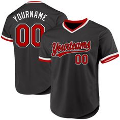 Custom Black Red-White Authentic Throwback Baseball Jersey Custom Name Print Black Baseball Jersey For Sports, Black Baseball Jersey With Name Print For College, Black College Baseball Jersey With Name Print, College Black Baseball Jersey With Name Print, Black Baseball Jersey With Name Print, College Baseball Jersey With Team Logo In Red, Red College Baseball Jersey With Team Logo, Customizable Red Baseball Jersey For Fans, Red Letter Print Baseball Jersey For Sports Fans