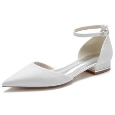 a woman's white high heeled shoe with ankle strap