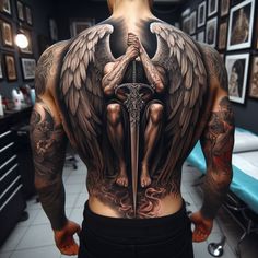 Angel Warrior Tattoo, 천사와 악마, Cool Back Tattoos, Archangel Tattoo, Armor Tattoo, Men Tattoos Arm Sleeve, Forearm Sleeve Tattoos, Full Back Tattoos