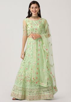 Net Lehenga in Light Green This Attire with Satin Lining is Beautifully Enhanced with Resham, Mirror, Sequins and Patch Border Work Available with a Semi-Stitched Net Choli and a Net Dupatta in Light Green, Crafted in Round Neck and Half Sleeve The Semi-stitched Lehenga Waist and Hips are Customizable from 28 to 38 and 32 to 46 inches respectively and Its Length is 40 inches Do note: Accessories shown in the image are for presentation purposes only.(Slight variation in actual color vs. image is