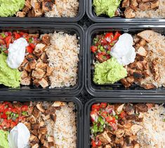 four plastic trays filled with rice, meat and veggies covered in sour cream