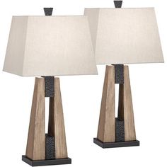 pair of modern wooden table lamps with white linen shade