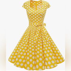 Beautiful Retro Dress Zipper Back Sweetheart Neckline Cute Yellow V-neck Dress, Yellow Retro Short Sleeve Dress, Retro Yellow Short Sleeve Dress, Yellow A-line Retro Dress, 1960’s Dresses, Gown Suit, Club Ideas, Polka Dress, Tuxedos