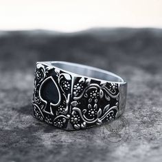 Poker Spades Stainless Steel Biker Ring | Gthic.com Biker Rings Mens, Sugar Skull Ring, The Gambler, Mens Stainless Steel Rings, Biker Jewelry, Viking Ring, Take A Chance, Masonic Ring, Biker Rings