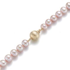 A timeless necklace of luminous pink freshwater cultured pearls with gold and diamond clasp. A fresh alternative to classic white, pink pearls are prized for their ability to flatter every complexion. Pink freshwater cultured pearls, 7mm. Diamonds, 0.02ctw. 18-karat yellow gold. 17"L. Pink Akoya Pearl Single Strand Necklace, Pink Single Strand Akoya Pearl Necklace, Elegant Pink Rondelle Jewelry, Pink Rondelle Elegant Jewelry, Classic Pink Pearl Chain Jewelry, Pink Akoya Pearl Necklace With Round Beads, Formal Pink Pearl Necklace With Pearl Charm, Pink Pearl Drop Necklace For Formal Occasions, Classic Pink Akoya Pearl Jewelry