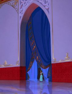 the princess and the frog are standing in front of an open door with blue curtains